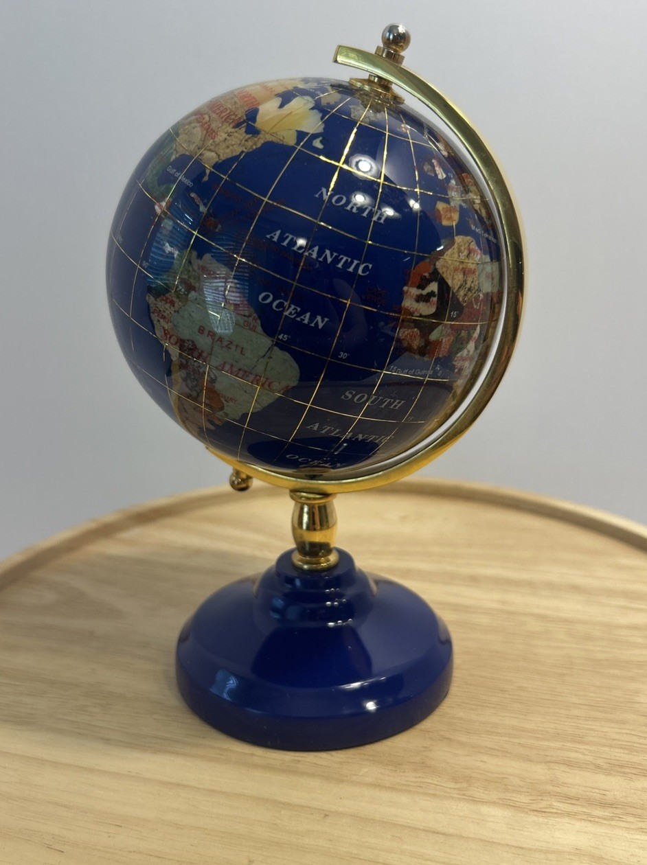 Vintage Blue Lapis Glass Gold Accents World Globe w/ Semi Precious Gemstones