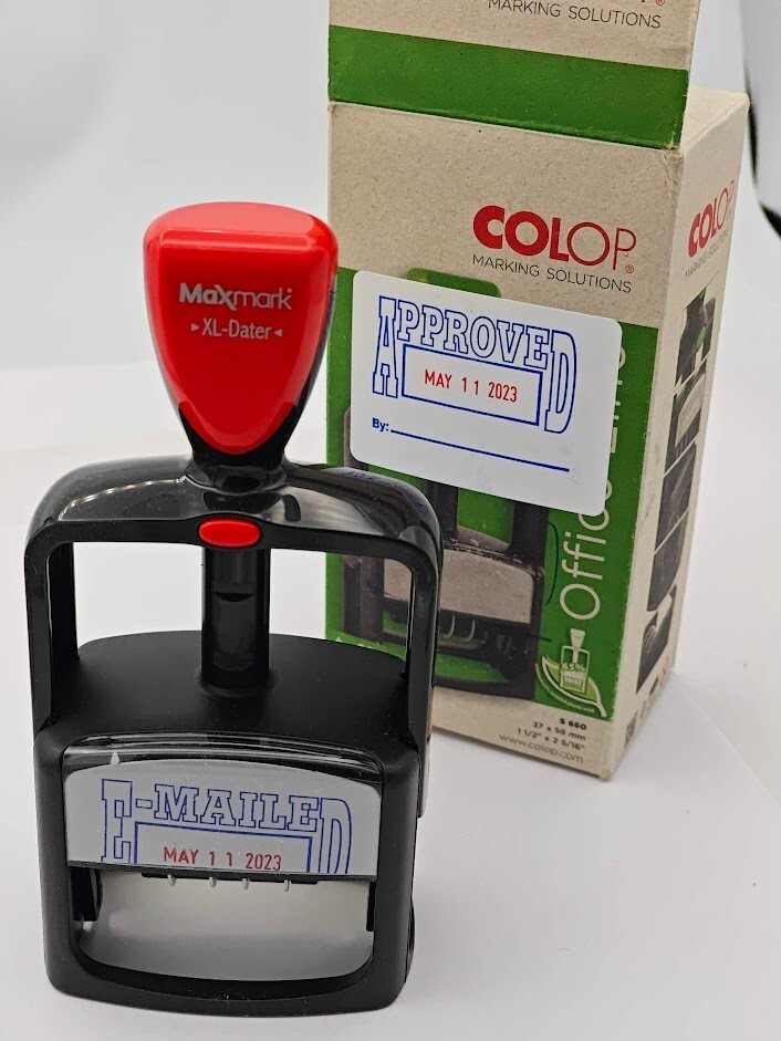 MaxMark Heavy Duty 5 Date Stamp with EMAILED Self Inking Stamp - Blue/Red Ink