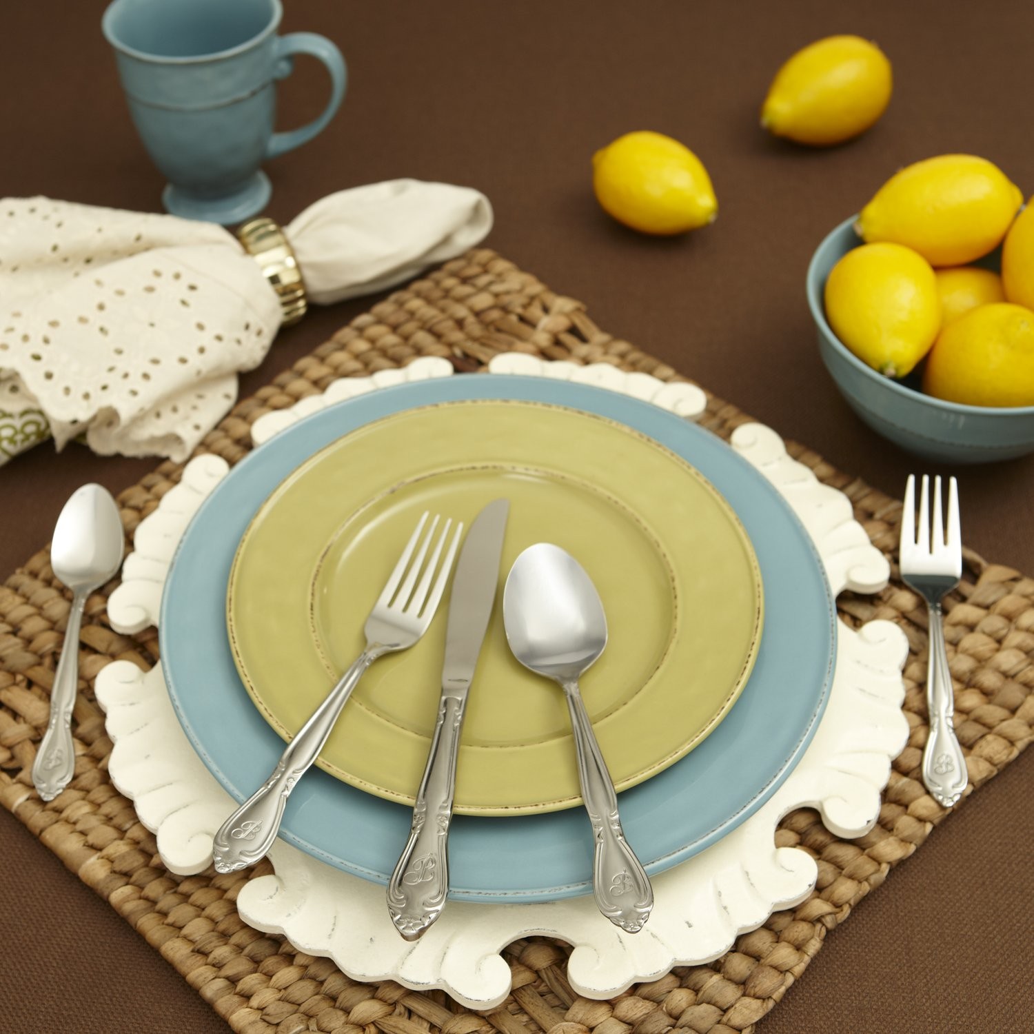 Rose Monogrammed Flatware Set 46 Piece Silverware - J - Utensils Set with Ser...