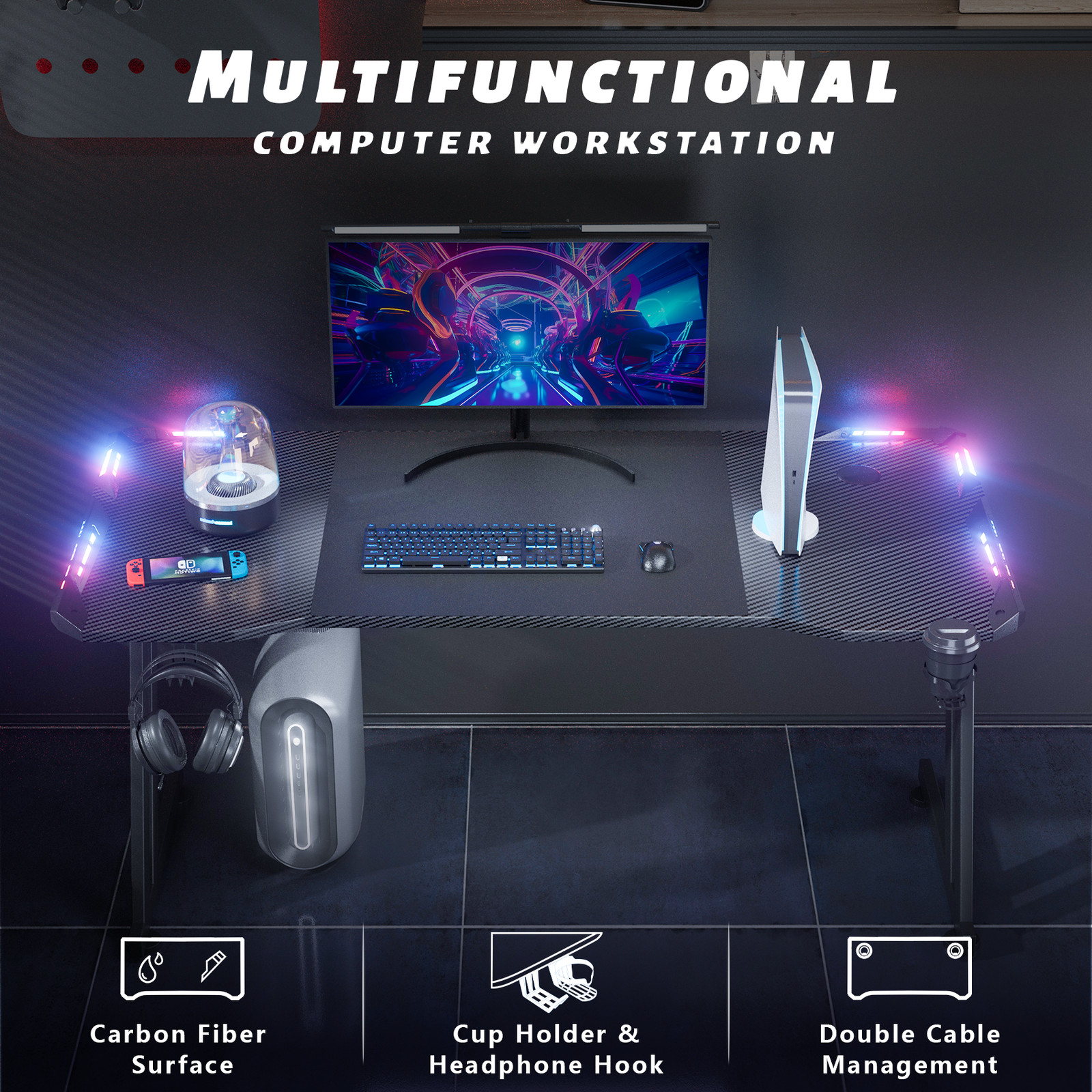 Gaming Desk with Headphone Hook & Cup Holder, LED Gaming Table, Computer Desk