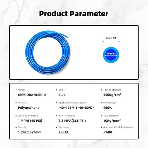 Pneumatic Tubing Blue PU Air hose Pipe Tube 6mm OD / 4mm ID × 12m,