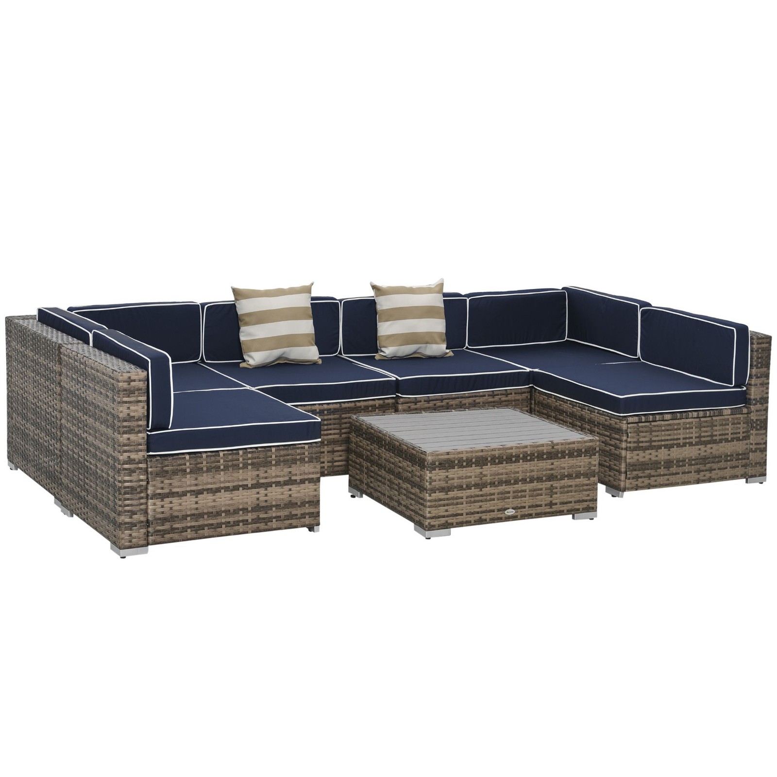 Contemporary Outdoor 7pc Wicker Set with Square Table and Blue Pillows