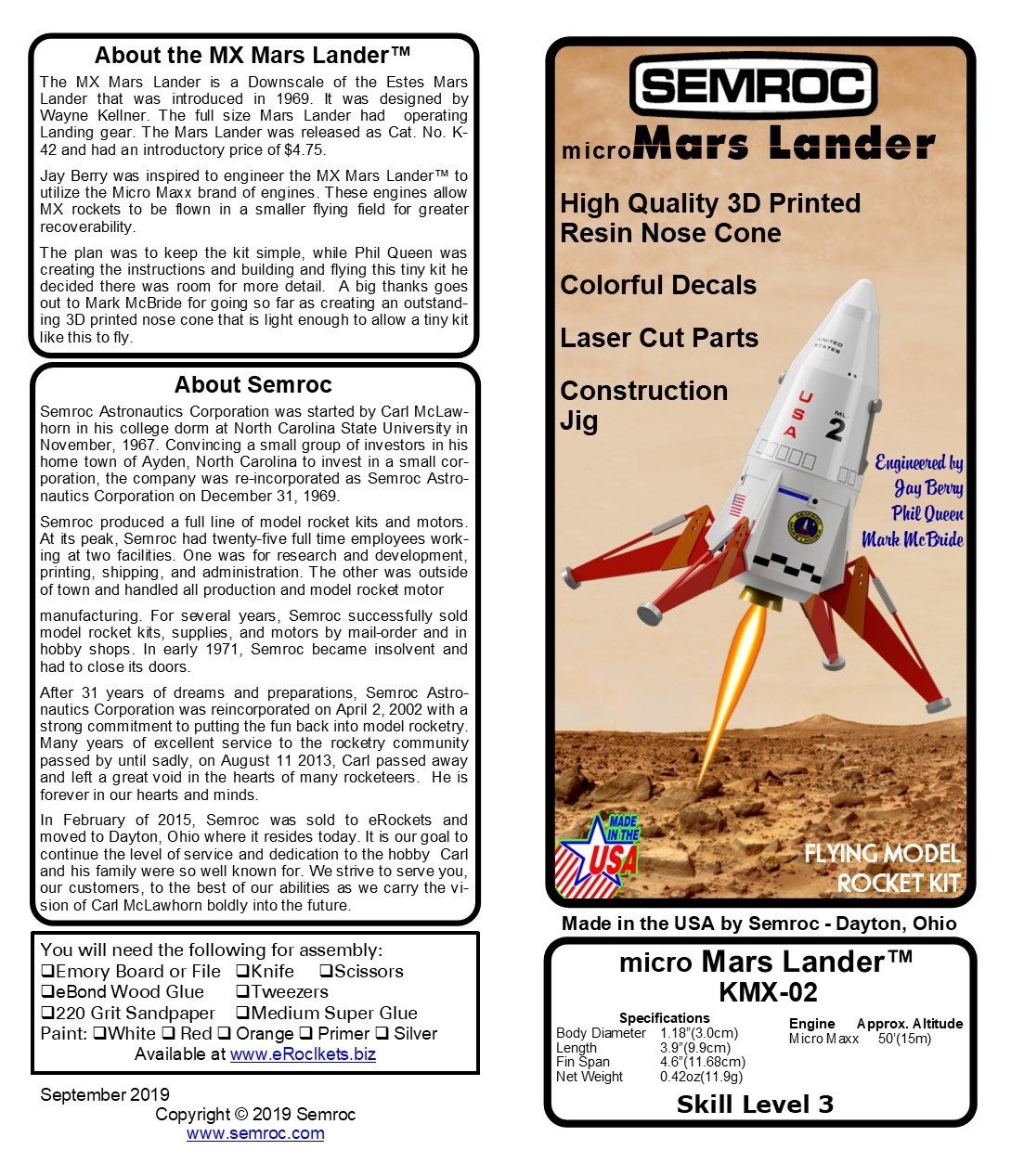 Semroc Flying Model Rocket Kit Micro(MX) Mars Lander SEM-KMX-02