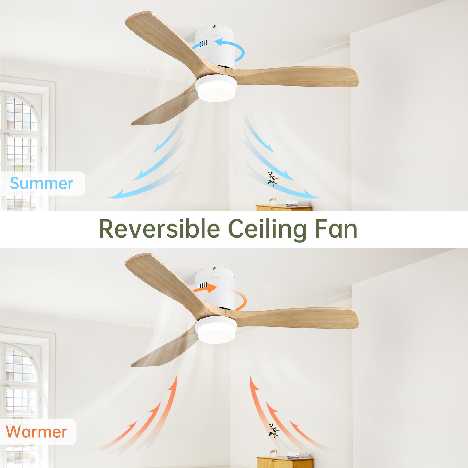 52 Inch Decorative Ceiling Fan With 6 Speed Remote White 3 Solid Wood Blades