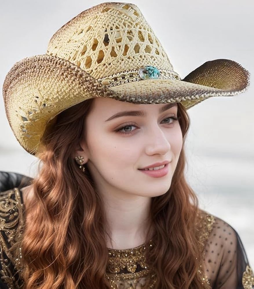 Women’s Straw Cowboy Hat, Breathable Western Cowgirl Hat W/2 Decorative Bands