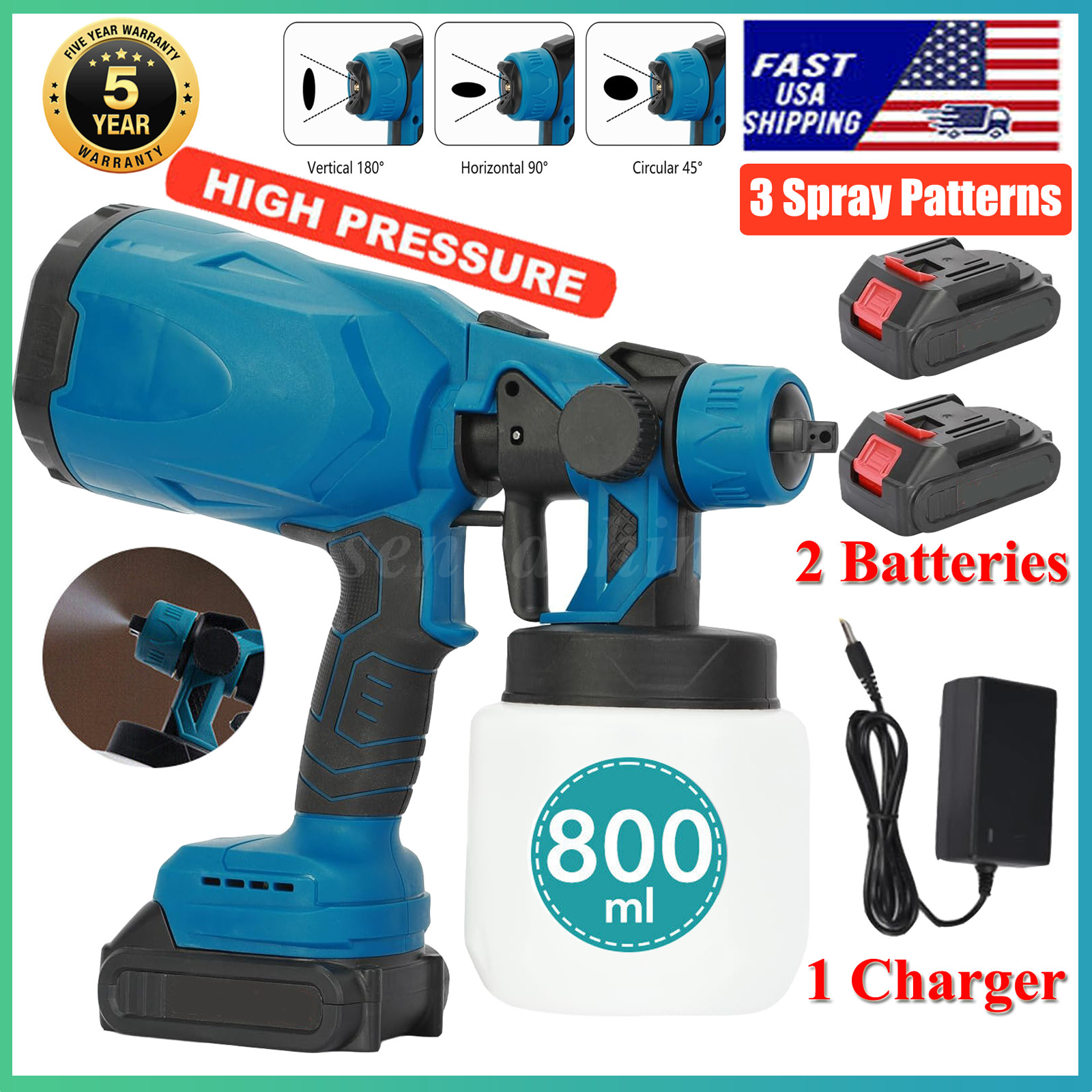 High Pressure Cordless Paint Sprayer Electric Airless HVLP Spray Gun 1&2 Battery