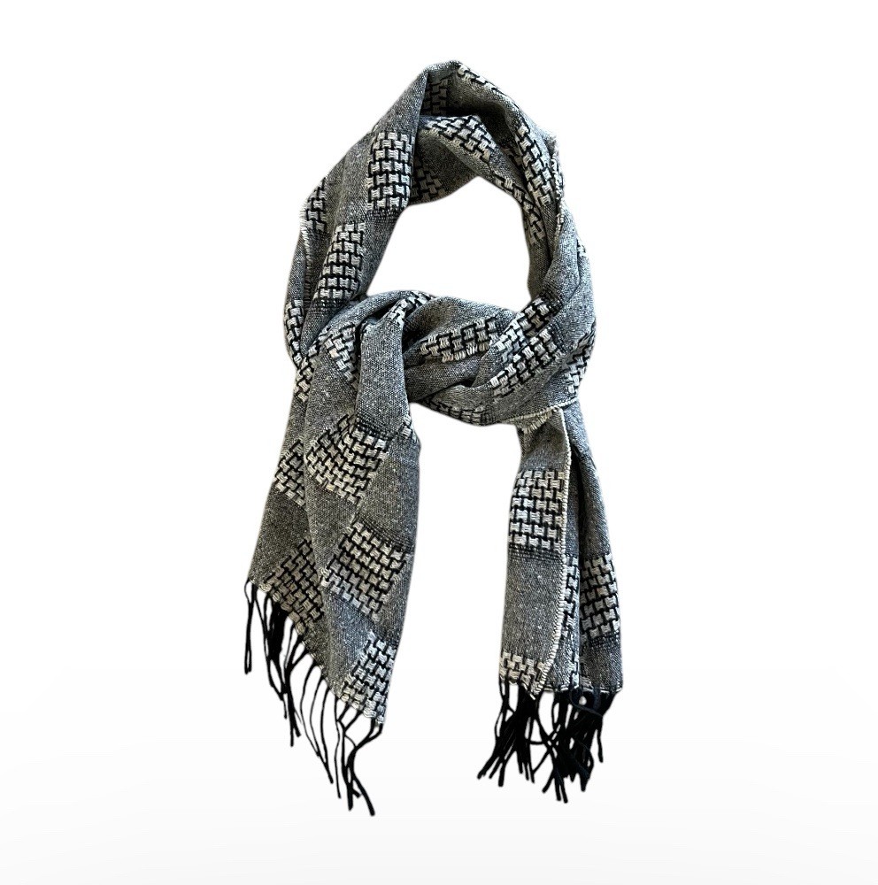 Pierre Cardin Men’s Wool Blend Checks Black White Gray Scarf Italy 12”x60”