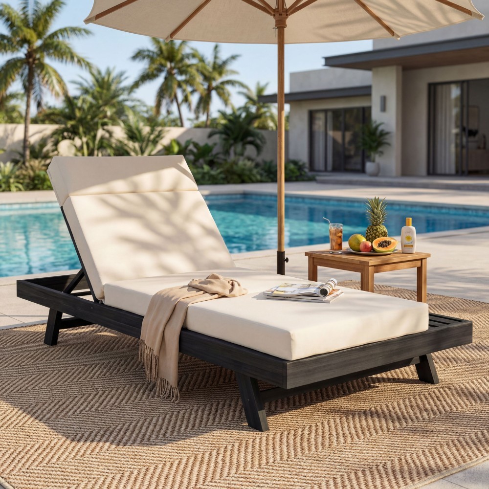 Acacia Wood Chaise Lounge Set w/ Adjustable Headrest & Cream Cushion
