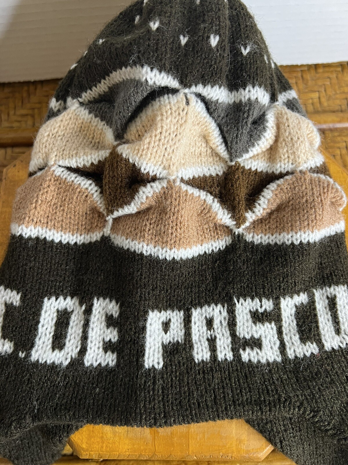 Peruvian Handmade Alpaca Wool Chullo Hat Cde Pasco Earflap Winter Cap-Tan&Cream