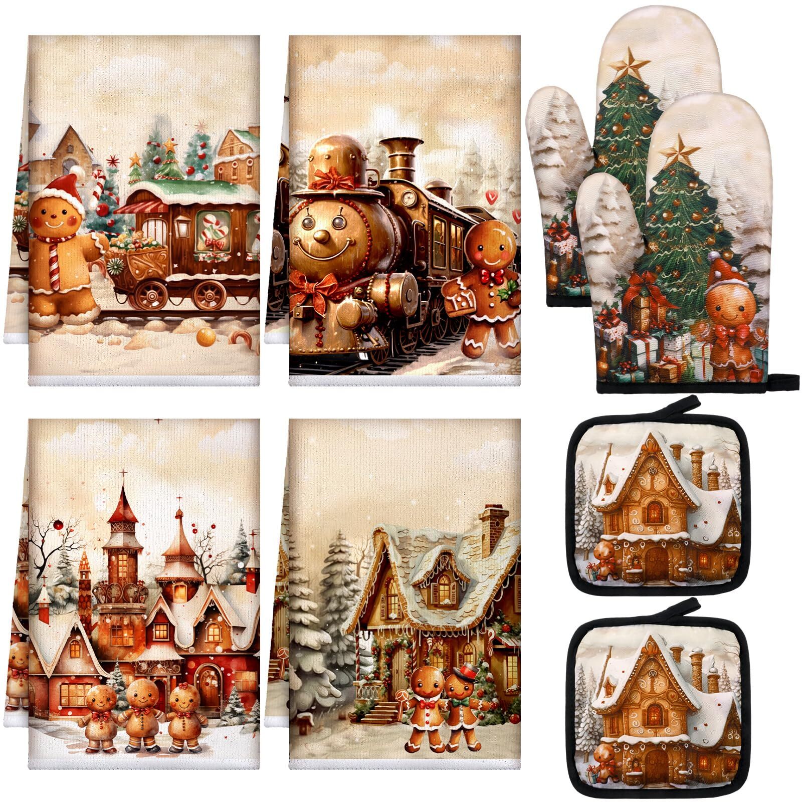 8 PCS Christmas Kitchen Towel Set Oven Mitts Potholders Gingerbread Decor