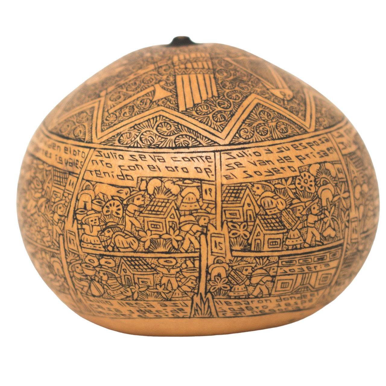 Peruvian Gourd Carved with Extreme Detail, A Story of Julio's Family 4"x3.5"
