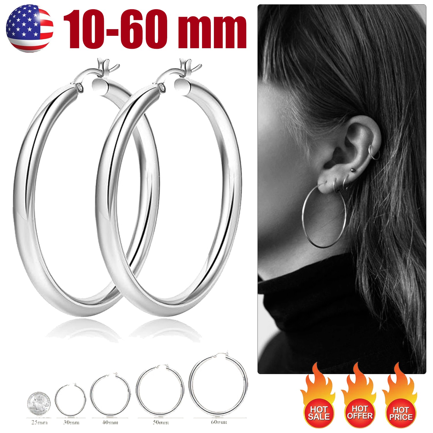 10MM-60MM Stainless Steel Hoop Earrings Set Cute Large Huggie Earrings for Women