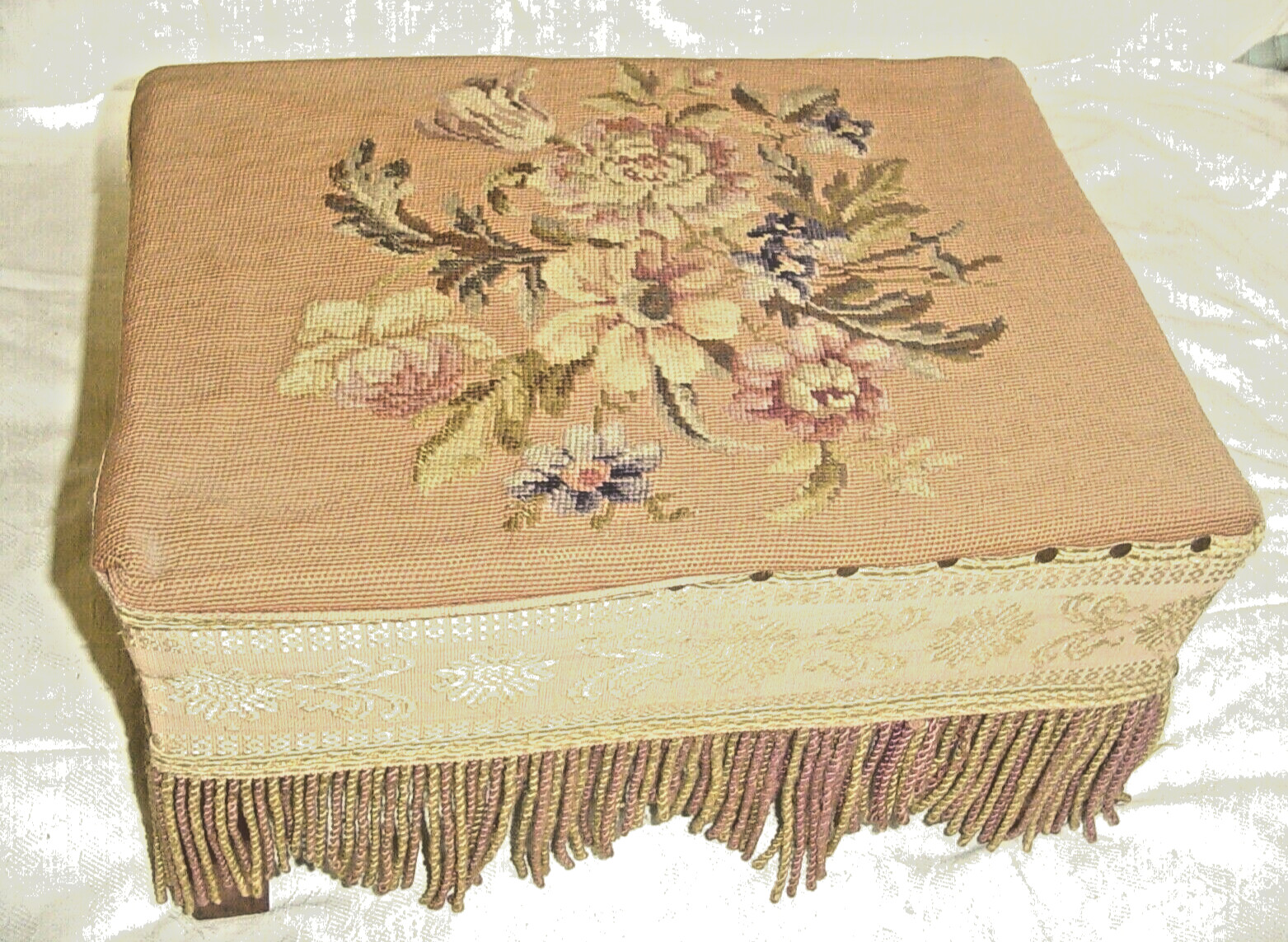 Foot Stool Floral Roses Needlepoint Covered With Fringe on Sides Wood Vintage