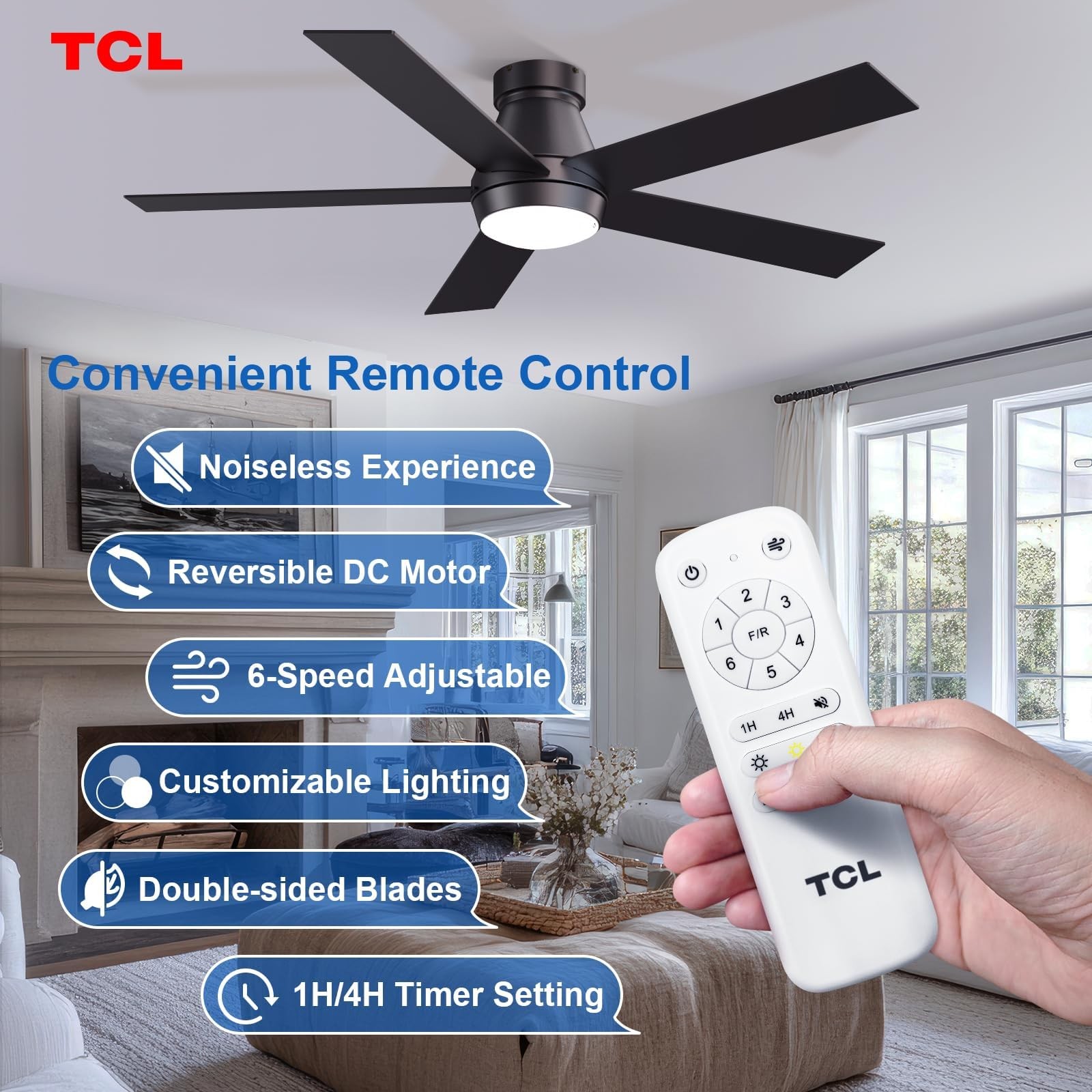 TCL 52" Ceiling Fan with Lights, Black Flush Mount 52 inch,