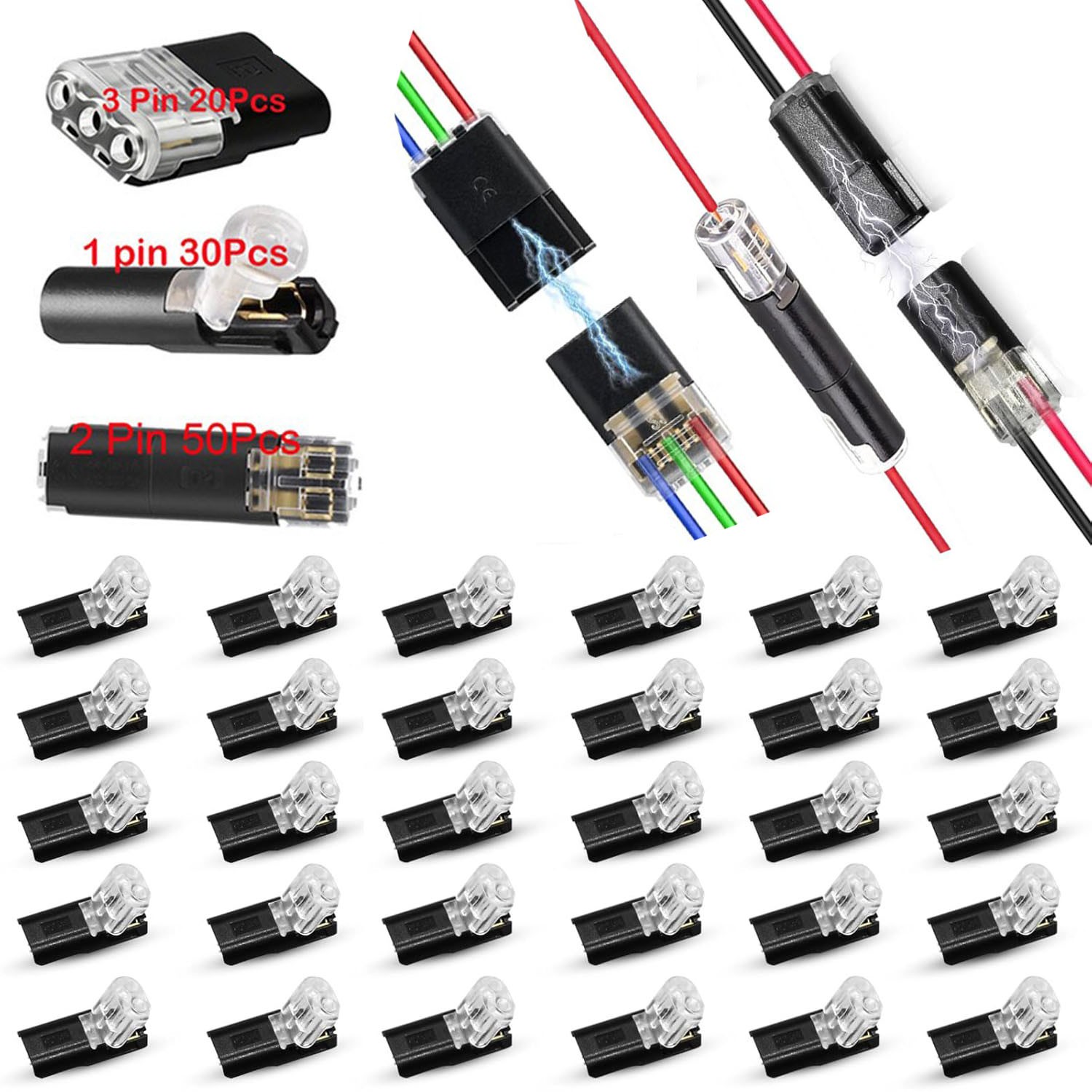 100Pcs 1/2/3 Pin Electrical Wire Connectors Kit Quick Splice Wire Connectors
