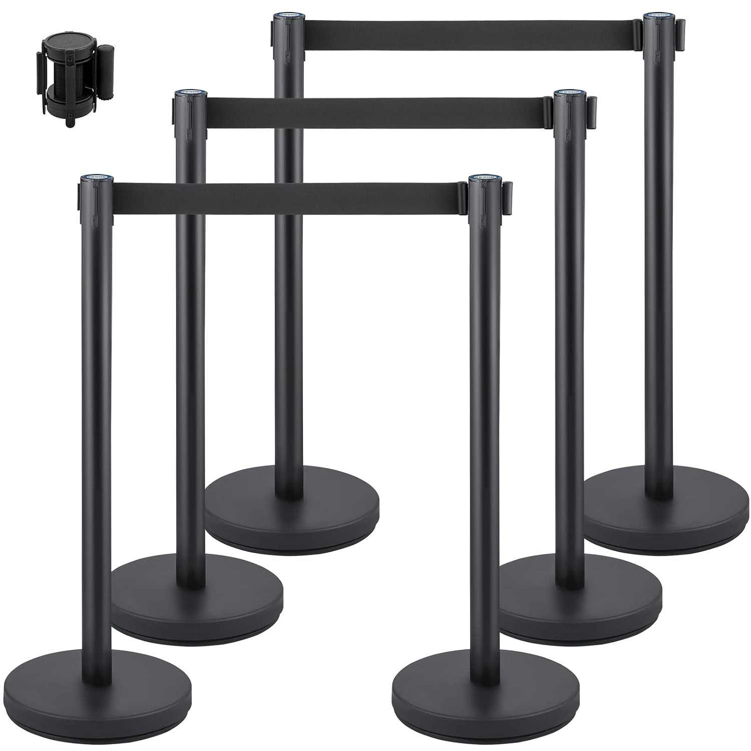 6 Pack Crowd Control Stanchions 6.6 FT Retractable Black Belts Control Barrier