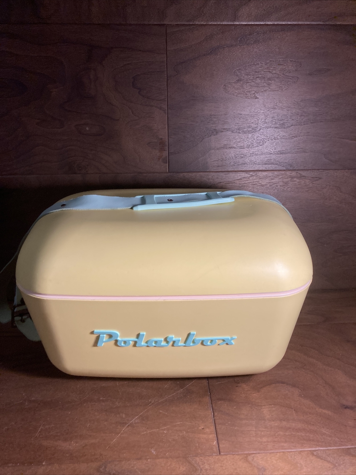 Retro Yellow Polar Box Cooler W/ Leather Teal Blue Strap Made In Spain