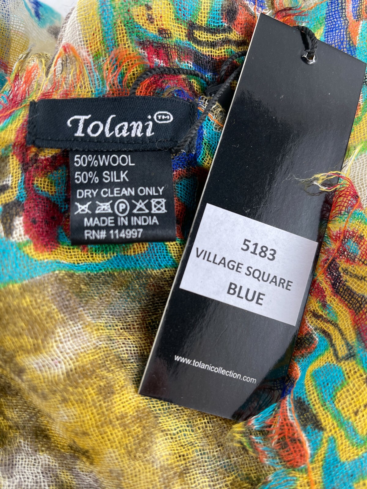 Tolani Village Square Blue 5183 Wool Silk Scarf 56"x56" NEW