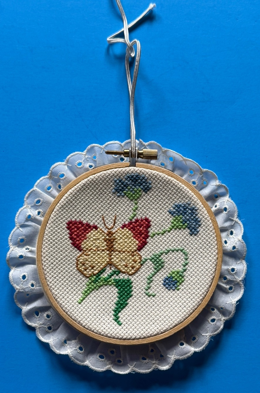 Vintage Embroidery Wood Hoop 5.5"  Cross Stitch Needlework Flowers & Butterfly