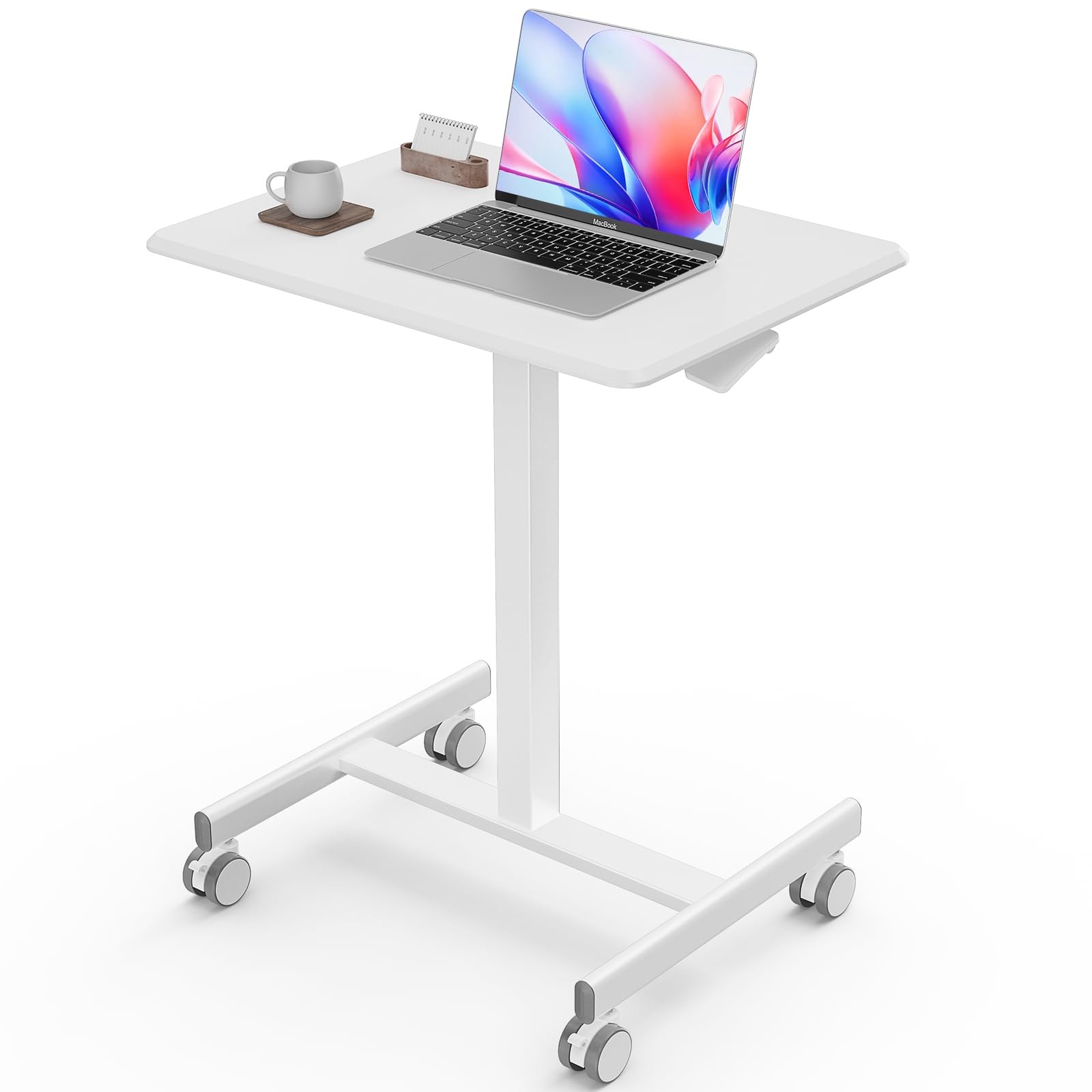 Mobile Standing Desk White Adjustable Height Rolling Laptop Cart Sit Stand Table
