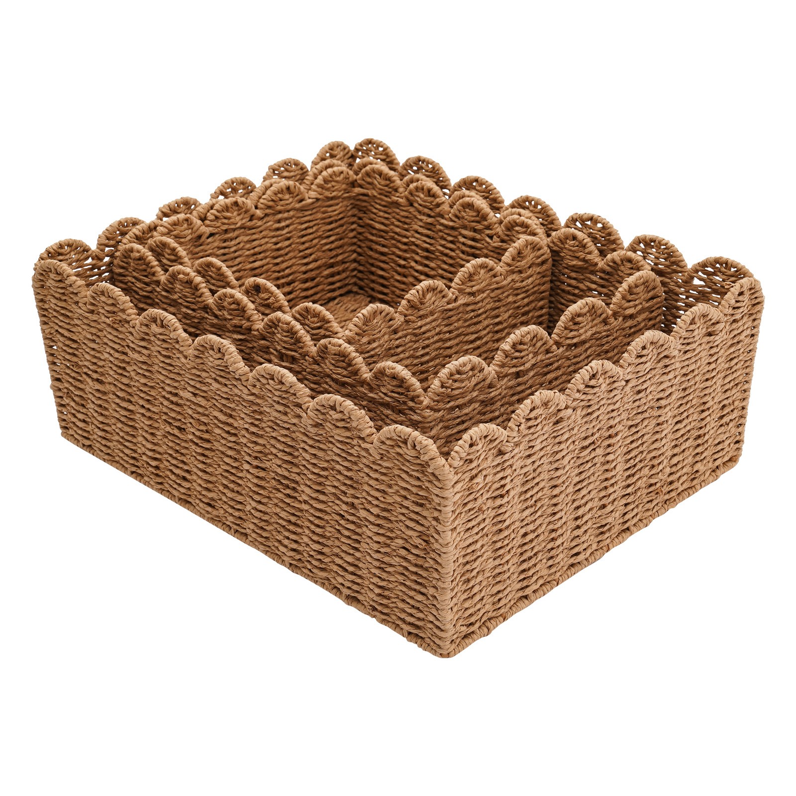 3-Piece Woven Storage Baskets Set Brown Rectangular Baskets for Desktop Organize