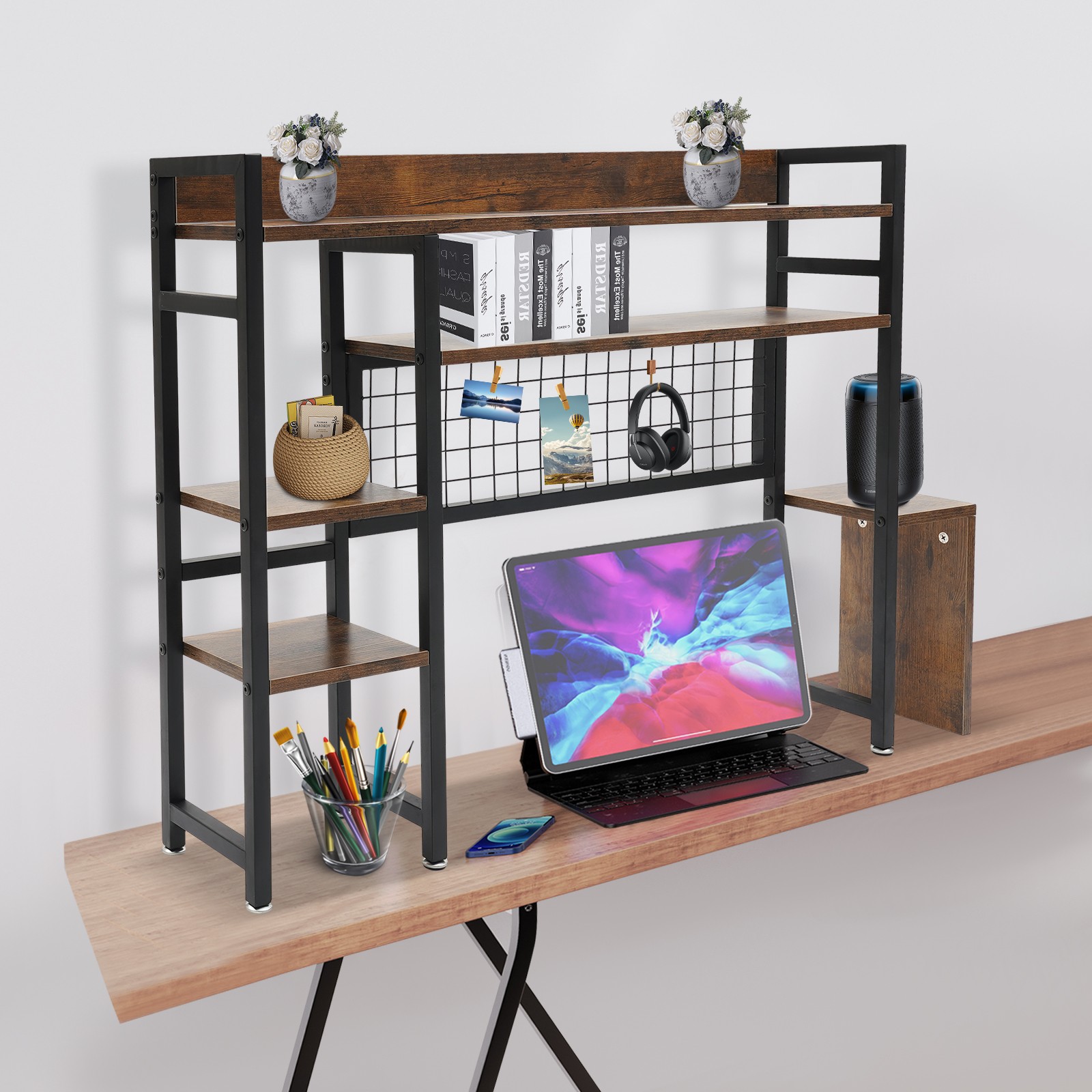 Rustic Desktop Bookshelf Multipurpose Countertop Display Shelf for Office Home