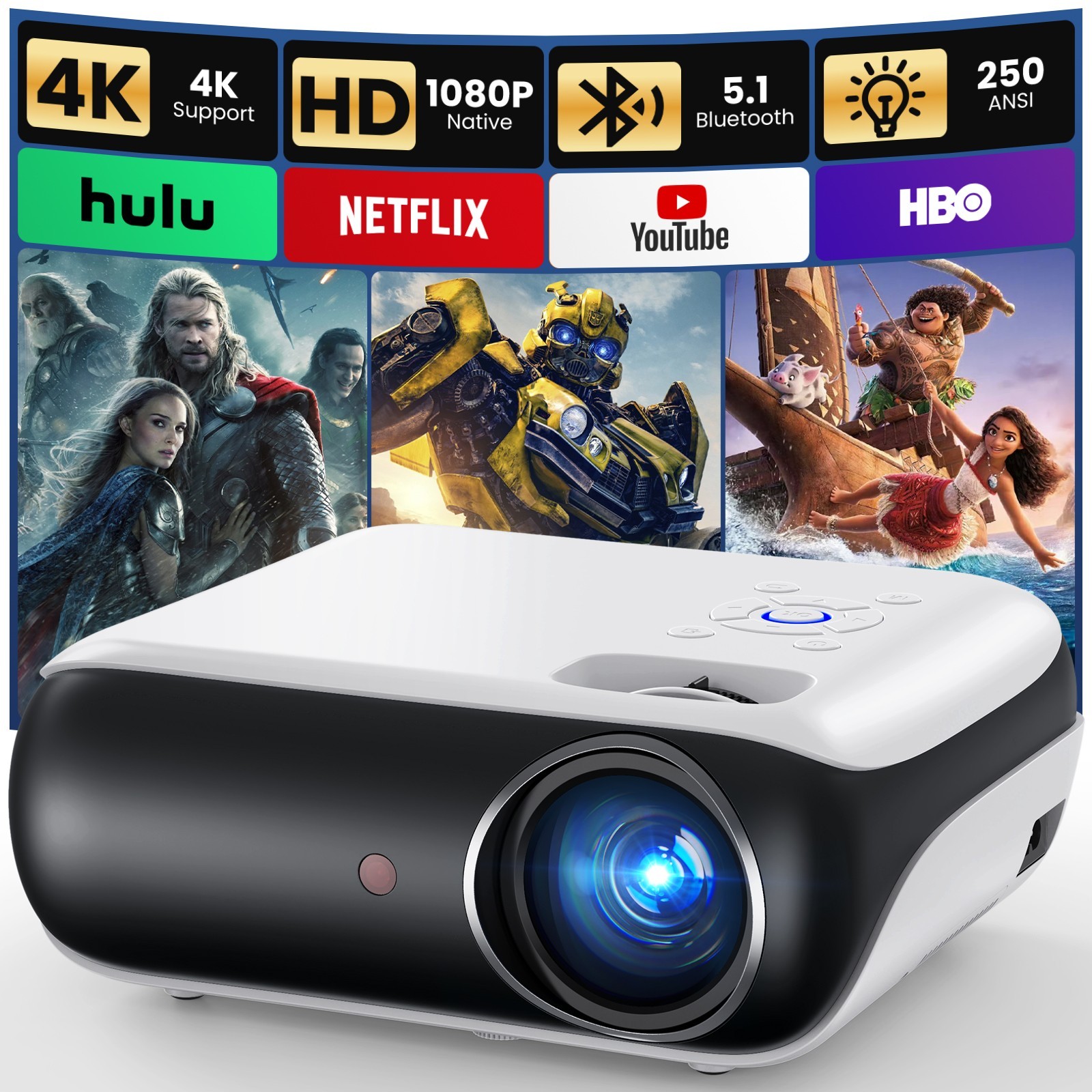 HAPPRUN H1 Native 1080P Full HD Projector 200" Bluetooth 5.1 HIFI Home Theater
