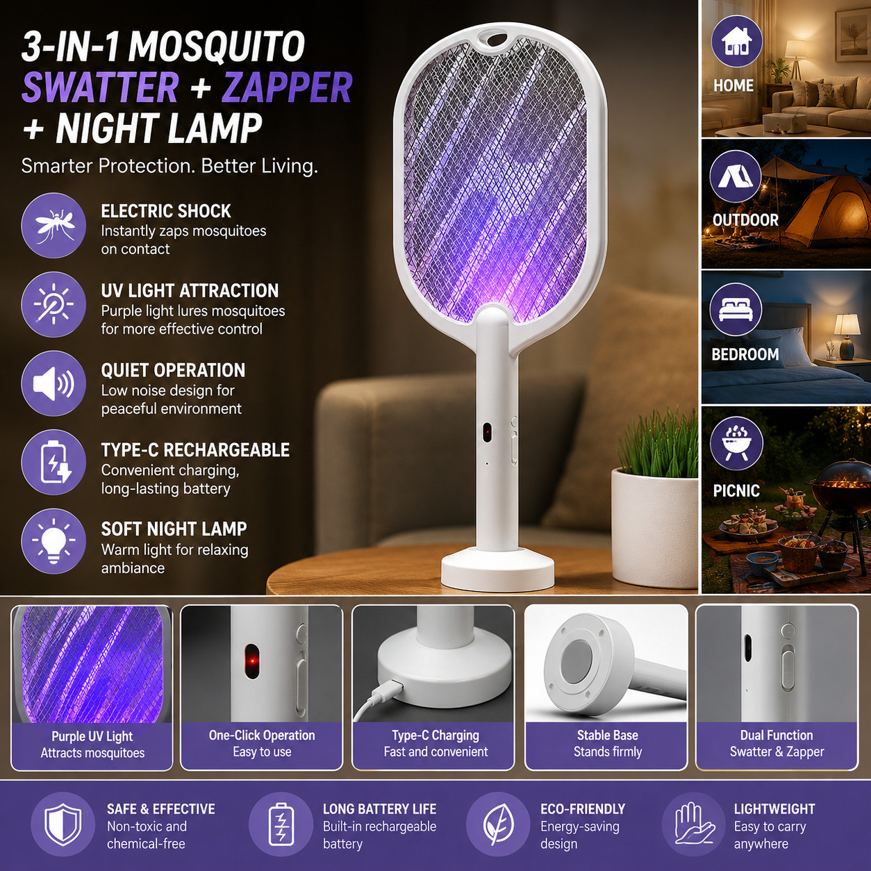3 In 1 Electric Mosquito Swatter 3000V Rechargeable Bug Zapper Killer Lamp