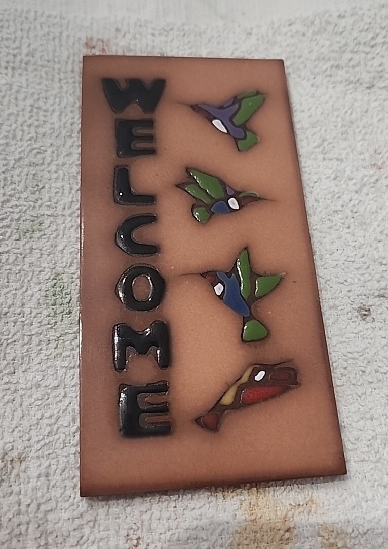Vintage Earthtones Hummingbirds "Welcome" Art Tile 5.75" x 3" - Made in Italy