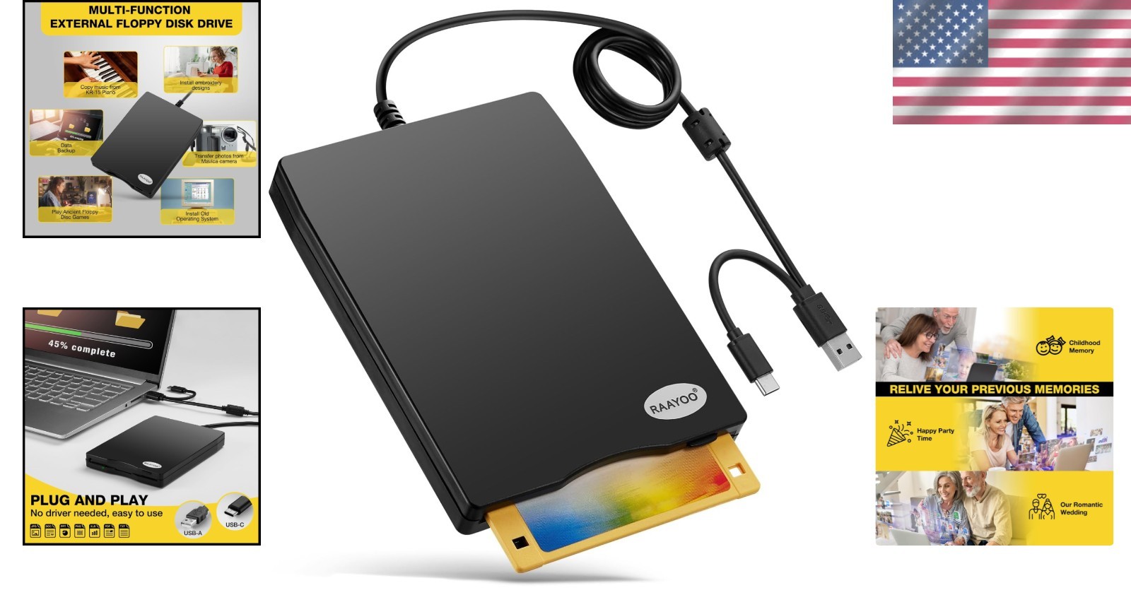 External USB Floppy Disk Drive 1.44 MB Reader for Windows 11/10/8/7/XP Black