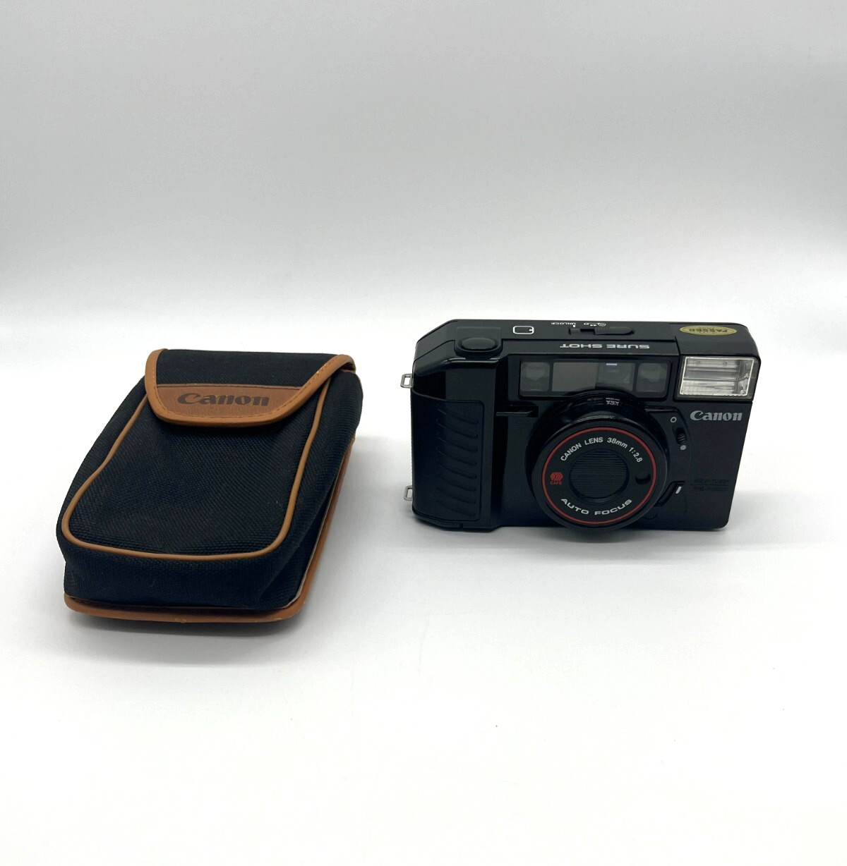 Canon Sure Shot 35mm Film Camera For Parts Exterior in Great Shape Black w/ Case