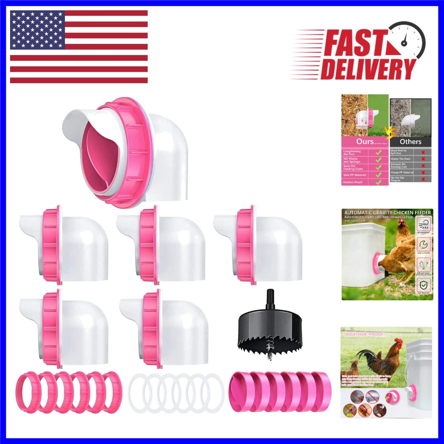 No Waste Pink Chicken Feeders - 6 Pack Automatic Solutions for Mess-Free Dining