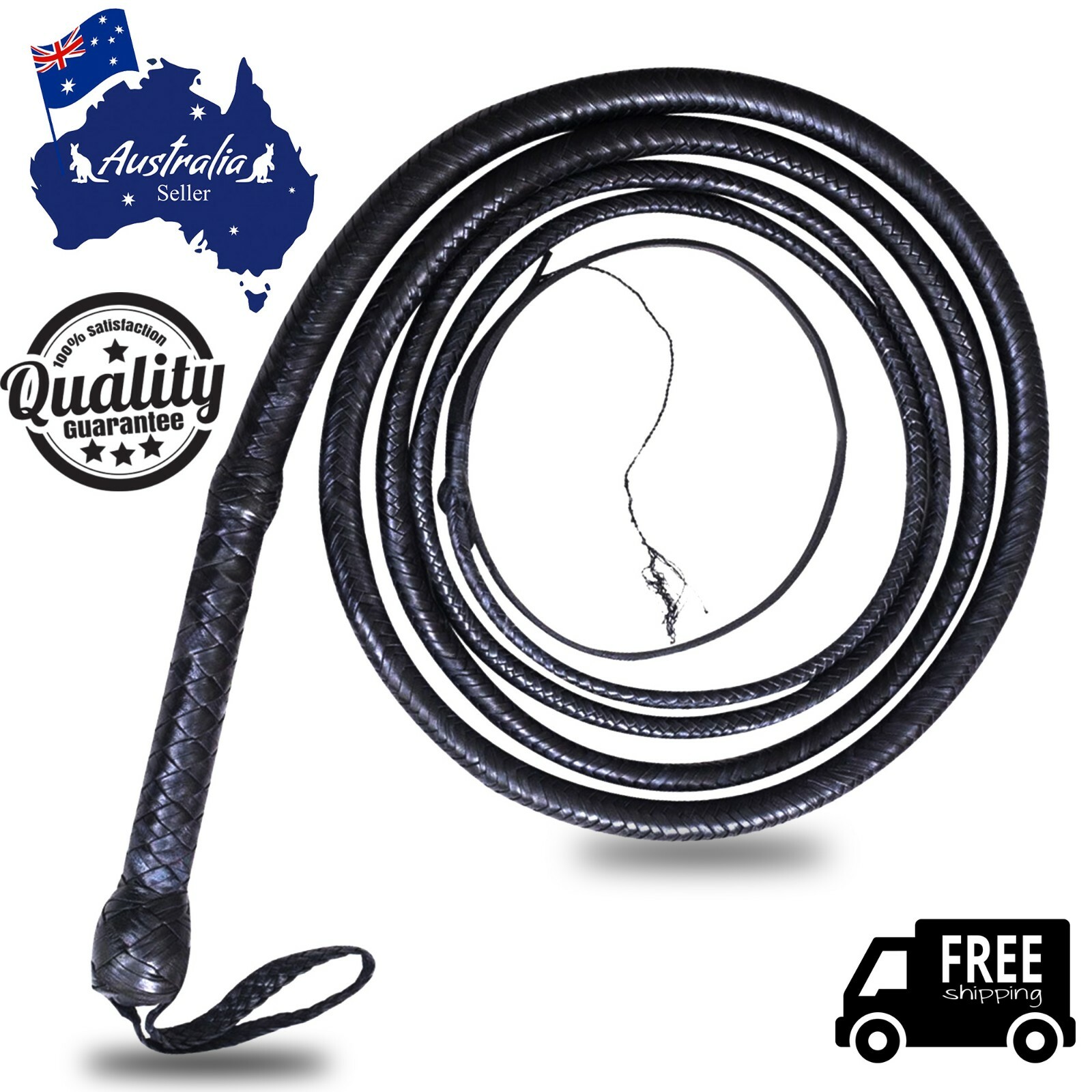 Genuine Kangaroo Black Leather Bullwhip 4 Feet Long 16 Plaits Heavy Duty whip AU