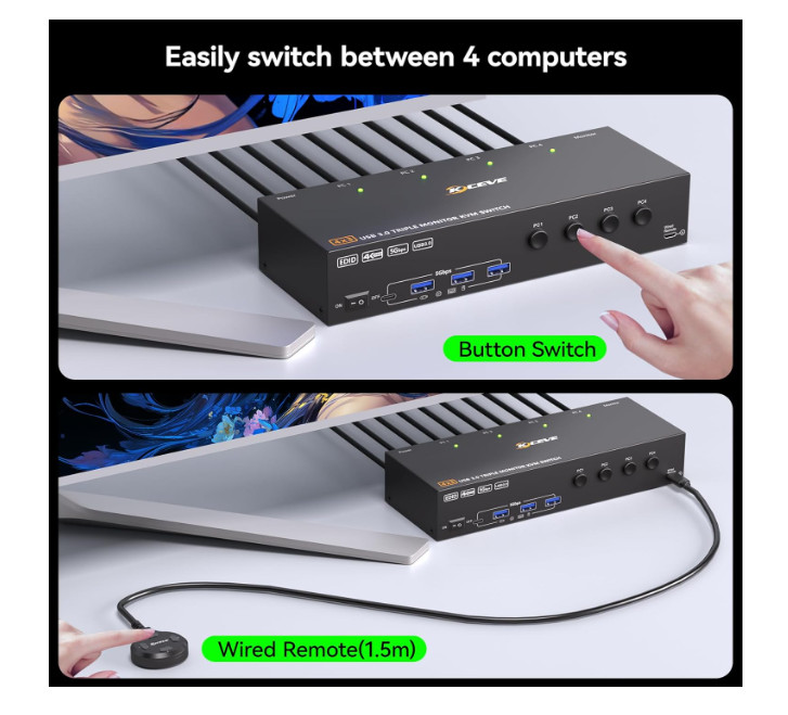 KVM Switch 3 Monitors 4 Computers 4K@60Hz,EDID Simulation,HDMI Displayport Tripl
