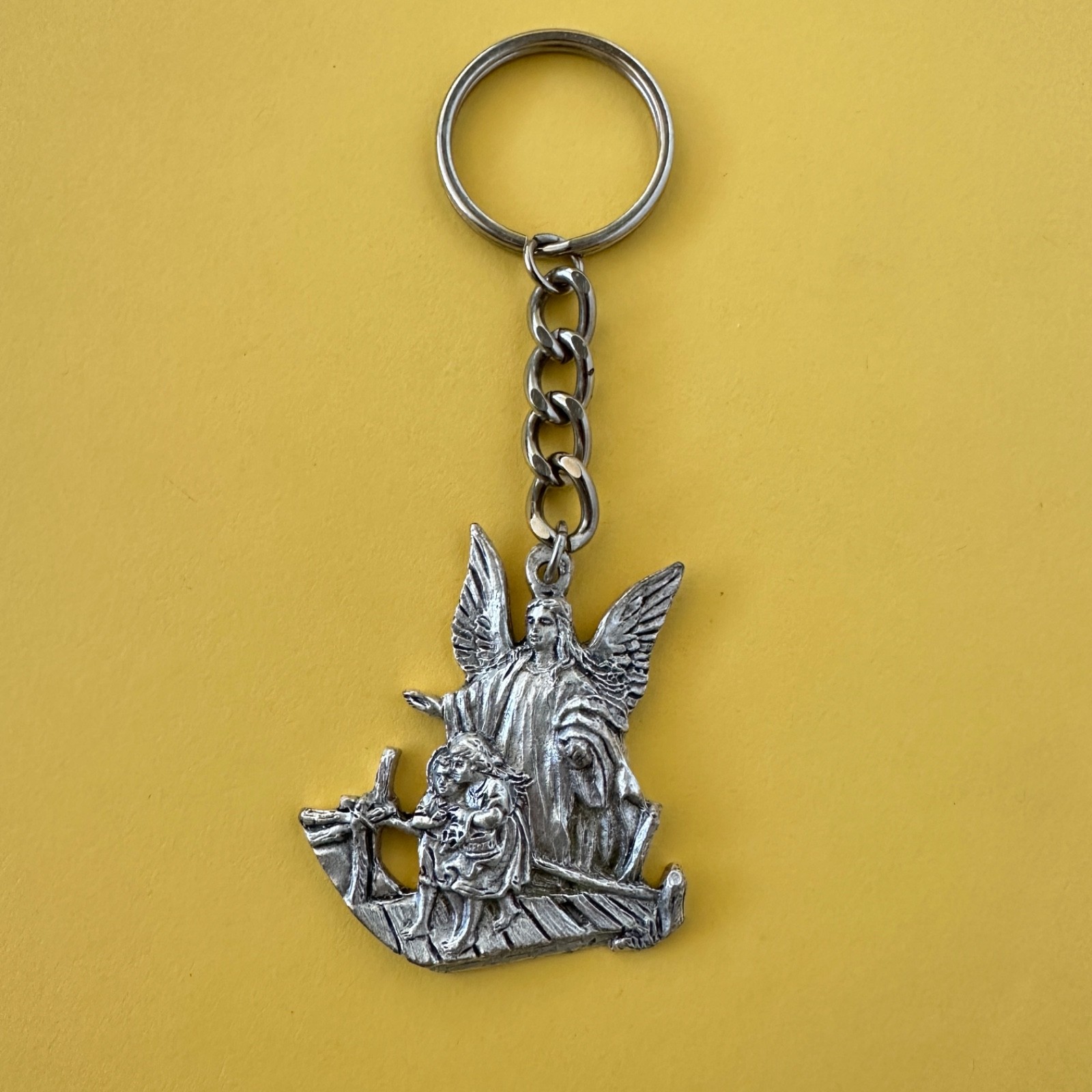 Vintage Keychain Guardian Angel, Symbol of Protection, Pewter Silver-tone Metal