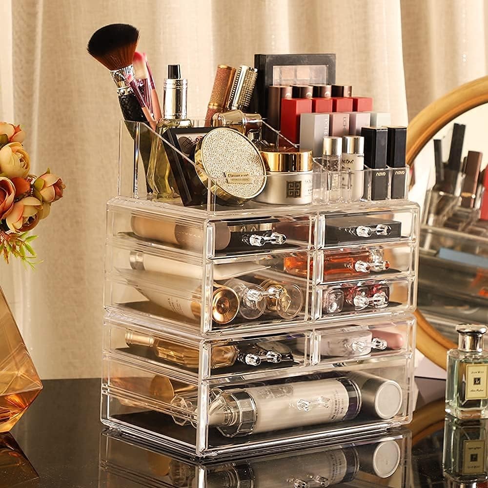 3 Pack Clear Make Up Organizer Countertop,Stackable 8 Drawers Makeup