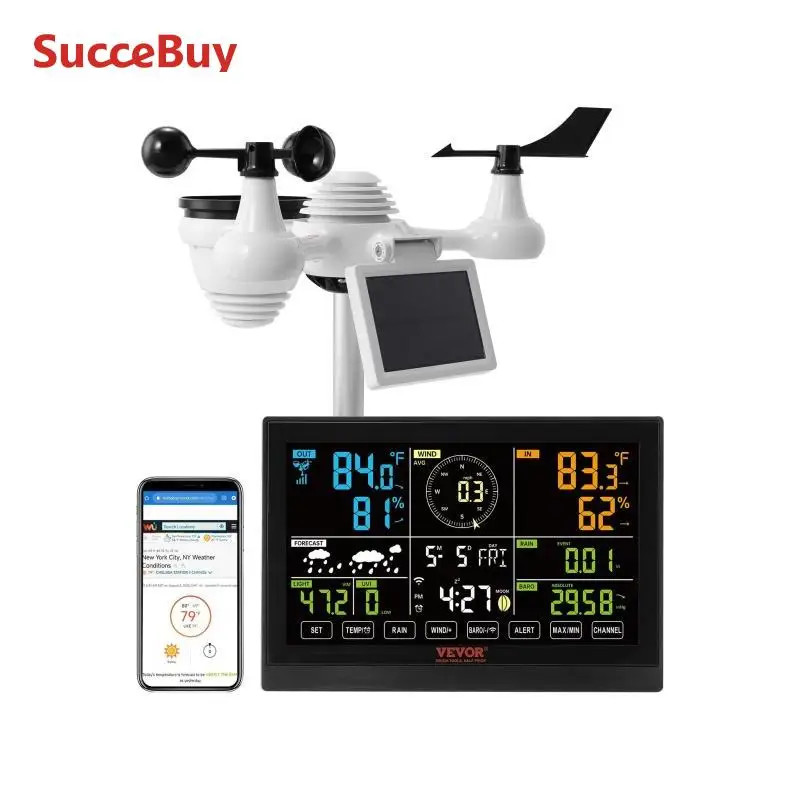 7-In-1 Wi-Fi Weather Station 7.5 in Color Display with Solar Outdoor Sensor Alar