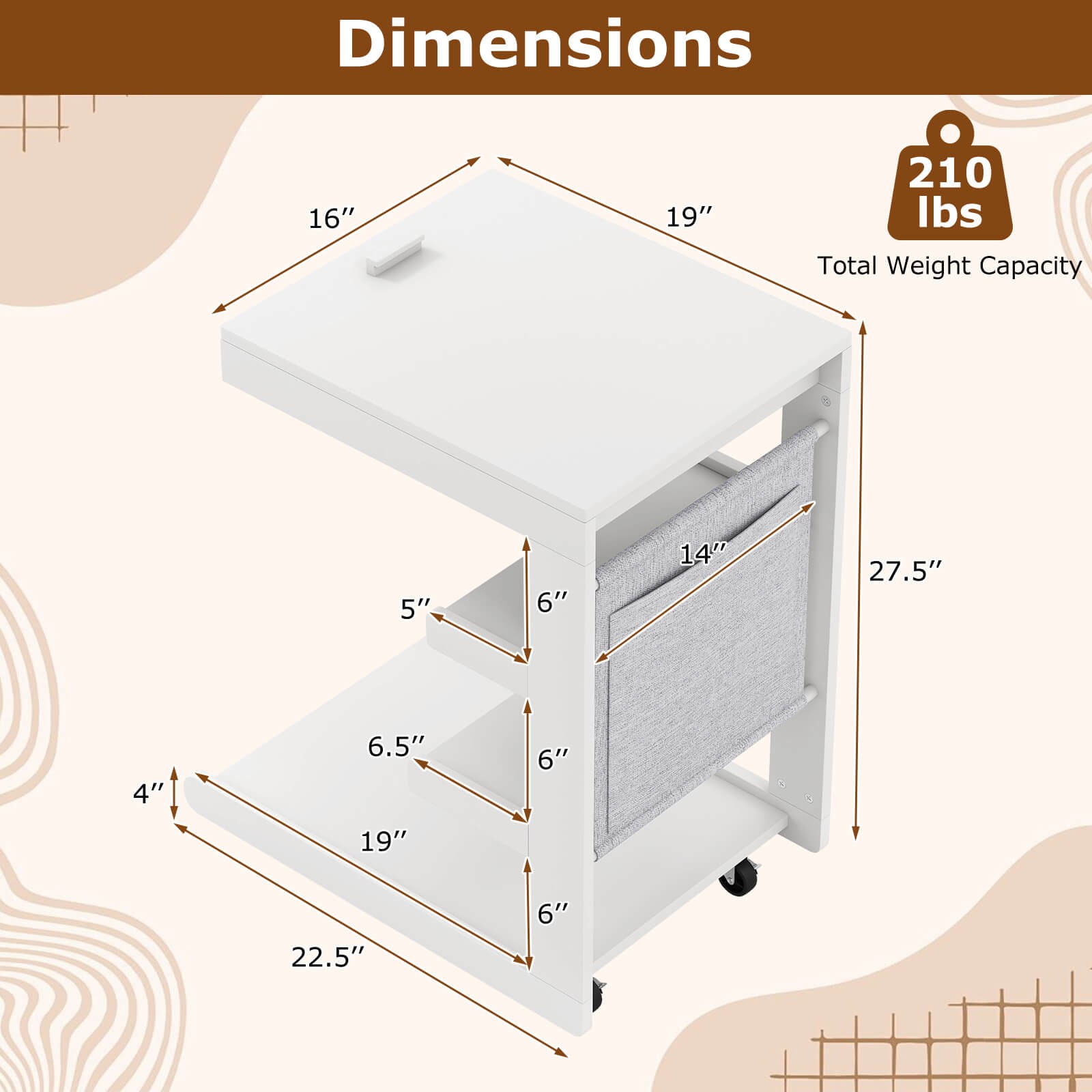 2PCS C-shaped End Table w/Wheels Adjustable Desktop Edge Stopper Storage Pocket