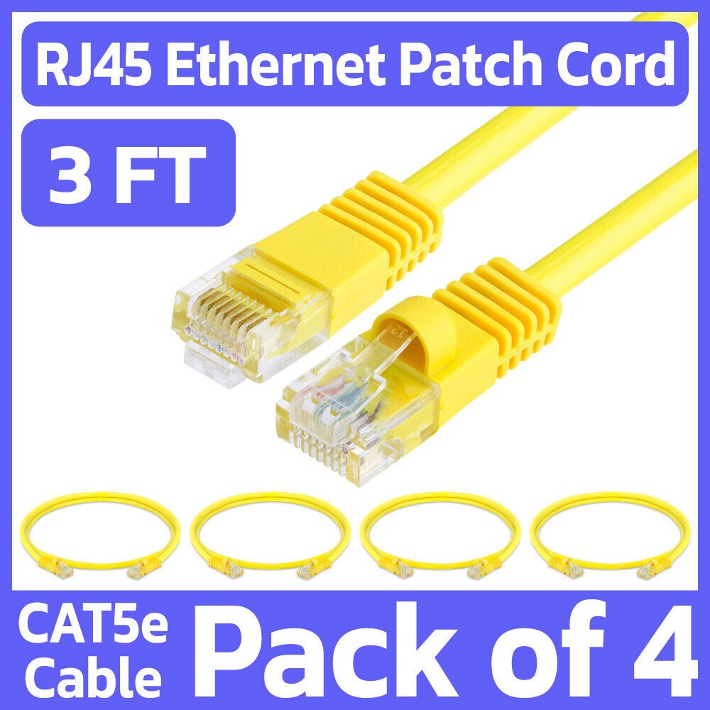 4 Pack Cat5e Patch Cord Yellow 3 Feet Lan Ethernet Cable Network Internet RJ45