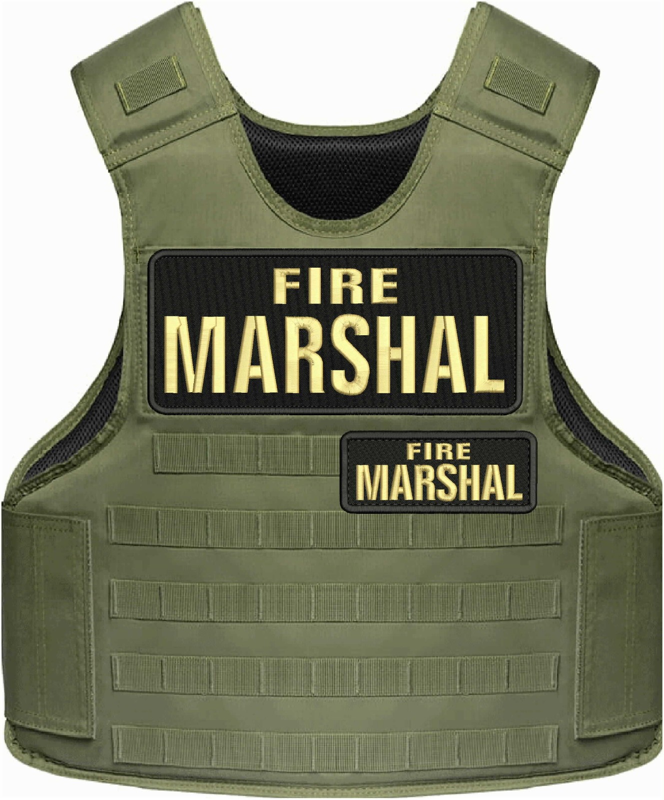 Fire Marshal 2 Embroidery Patches 10x4 And 5x2 Hook On Back Tan On Black