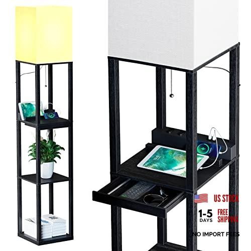Black Solid Wood Floor Lamp with Shelves - Modern Dimmable - 1 Black
