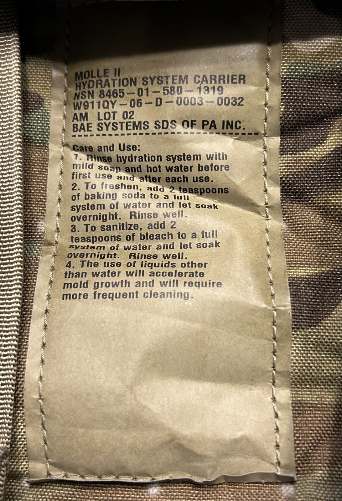 USGI OCP Hydration System Carrier w/ Bladder Missing Chest Strap