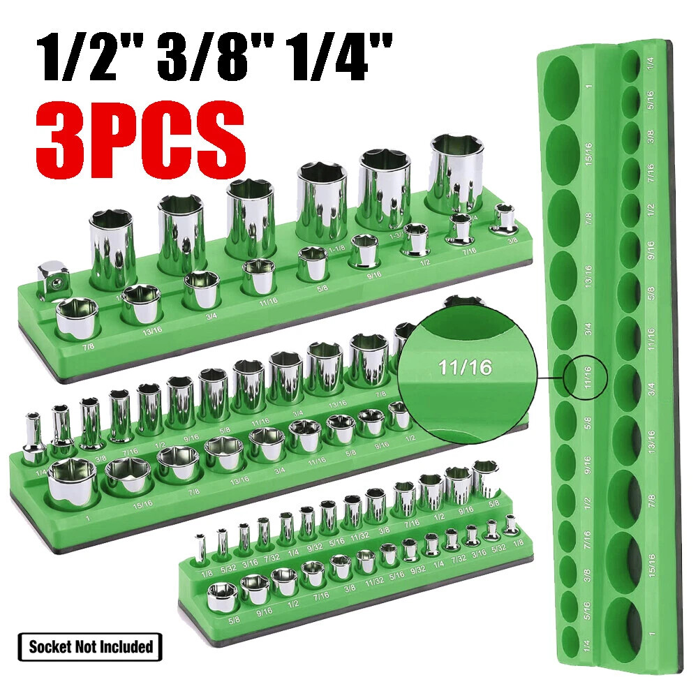 Large Magnetic Socket Organizer Set 3PC Tool Storage Holder 1/4" 3/8" 1/2" Drive