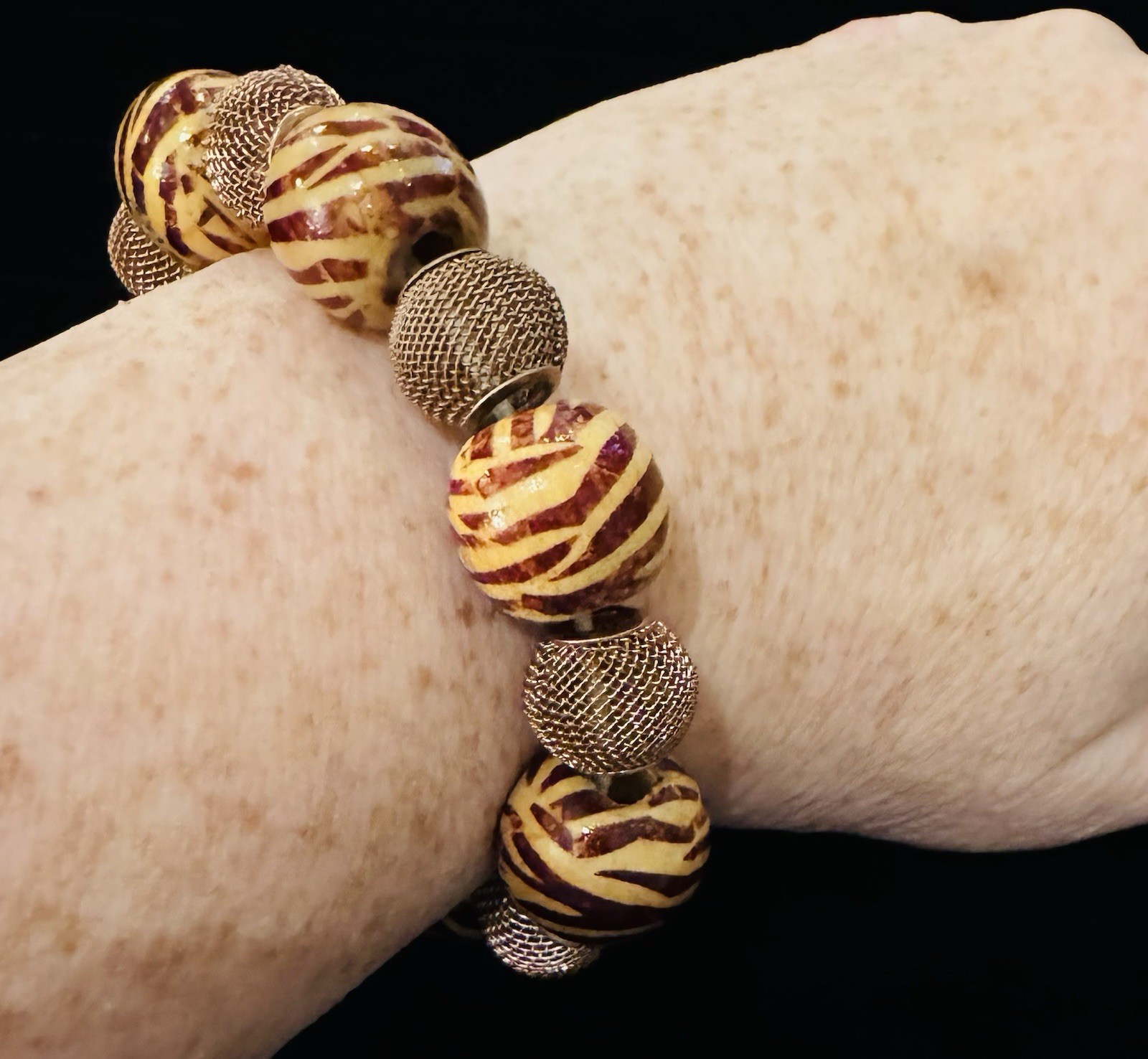 Handmade Artisan Bead Stretch Bracelet Brown Tan Gold Statement