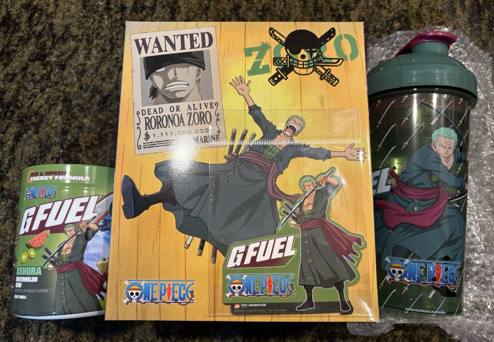 Gfuel x One Piece Zoro Ashura Collector's Box - Shaker Cup Energy Powder Sticker