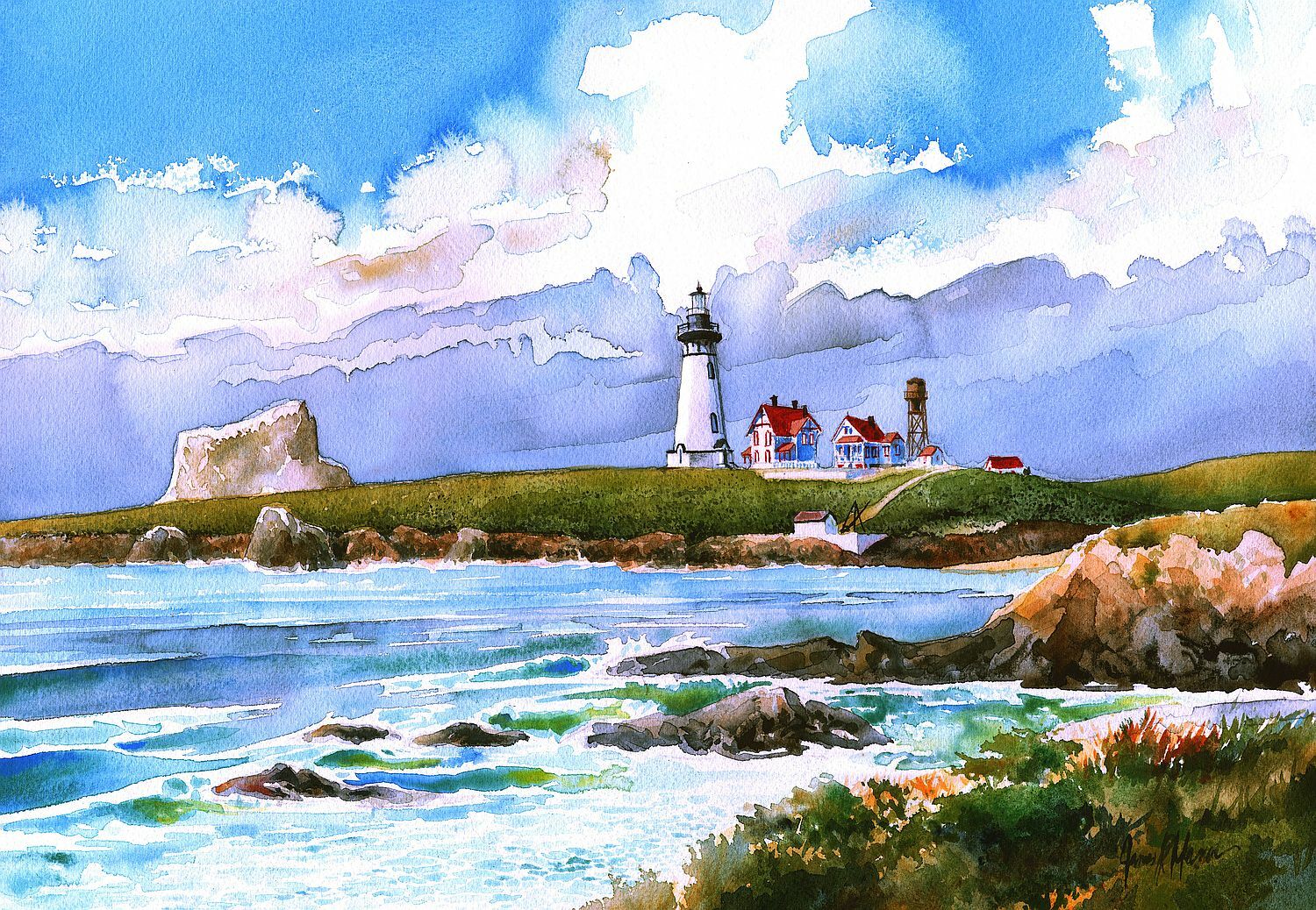 Piedras Blanca Lighthouse c1910, San Simeon, CA. James Mann Watercolor Notecards