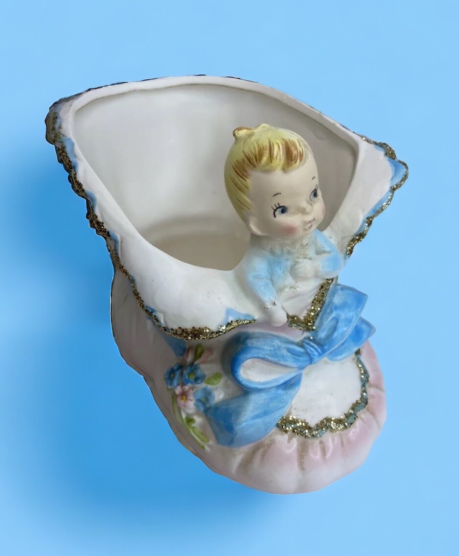 Rare Vintage Porcelain Nursery Baby Planter Flower Holder Glitter Japan Enesco