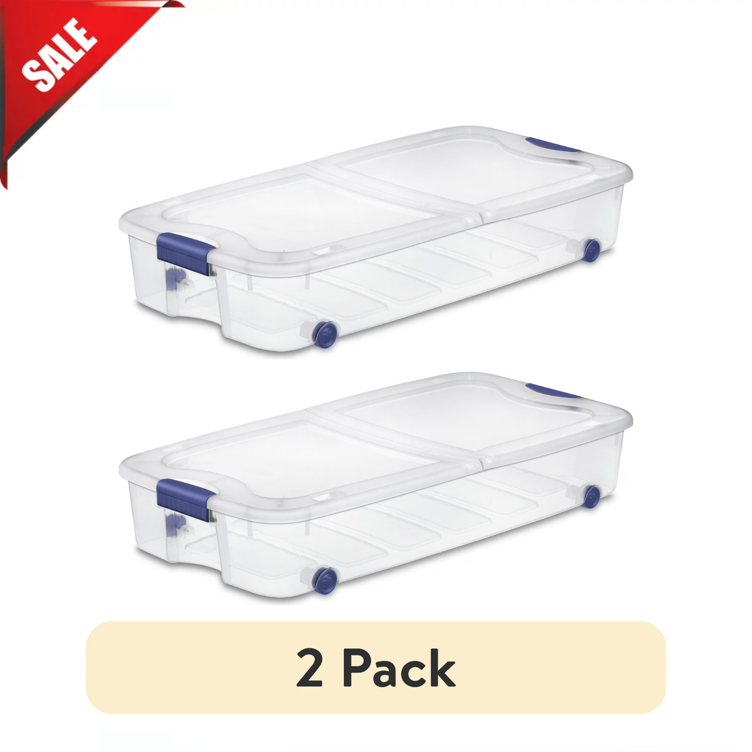 Sterilite 66 Qt Ultra Storage Box, Clear Underbed Bin, Lid, Wheels, Blue, 2-Pack