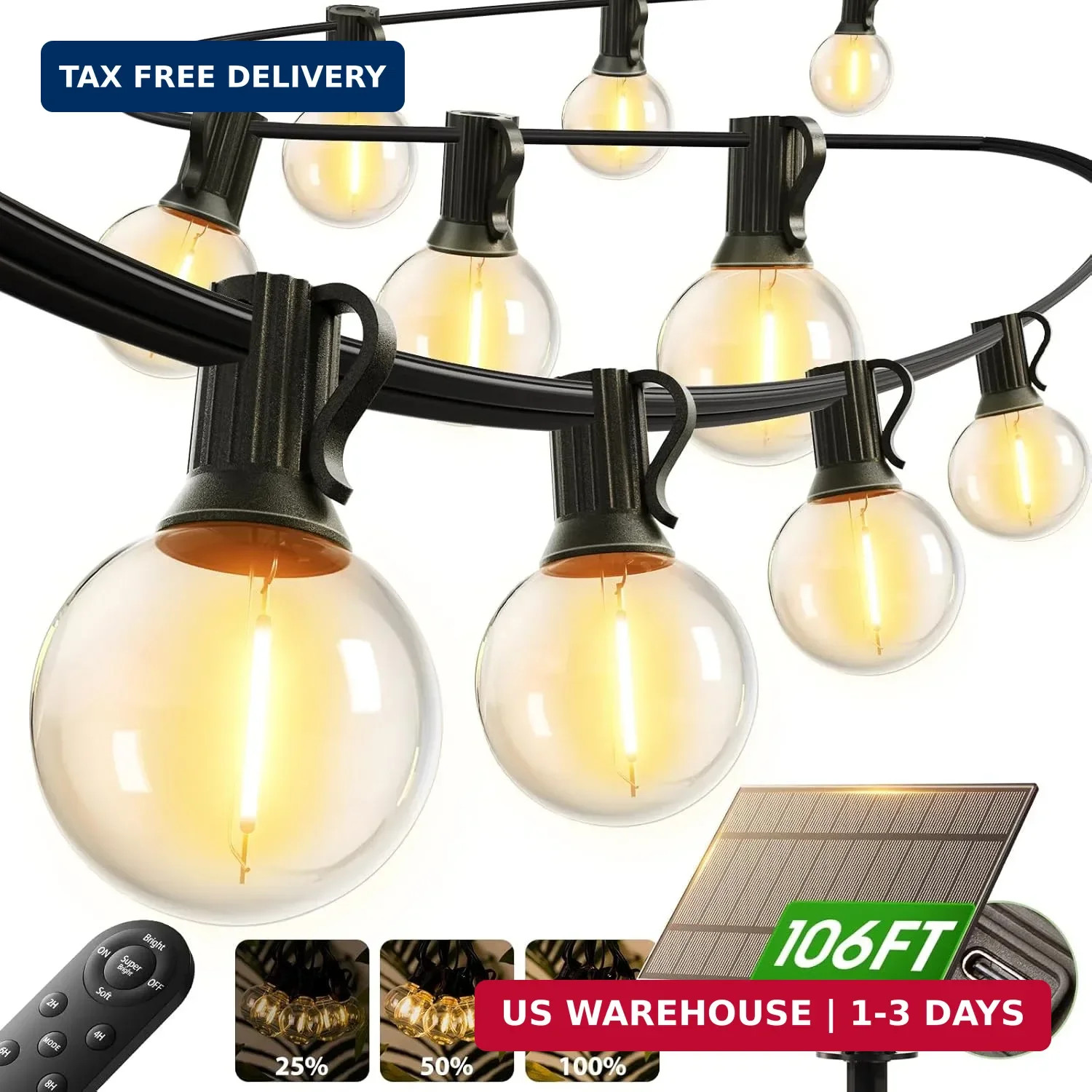 100FT Solar String Lights Outdoor with Remote, 54 LED Shatterproof Bulbs