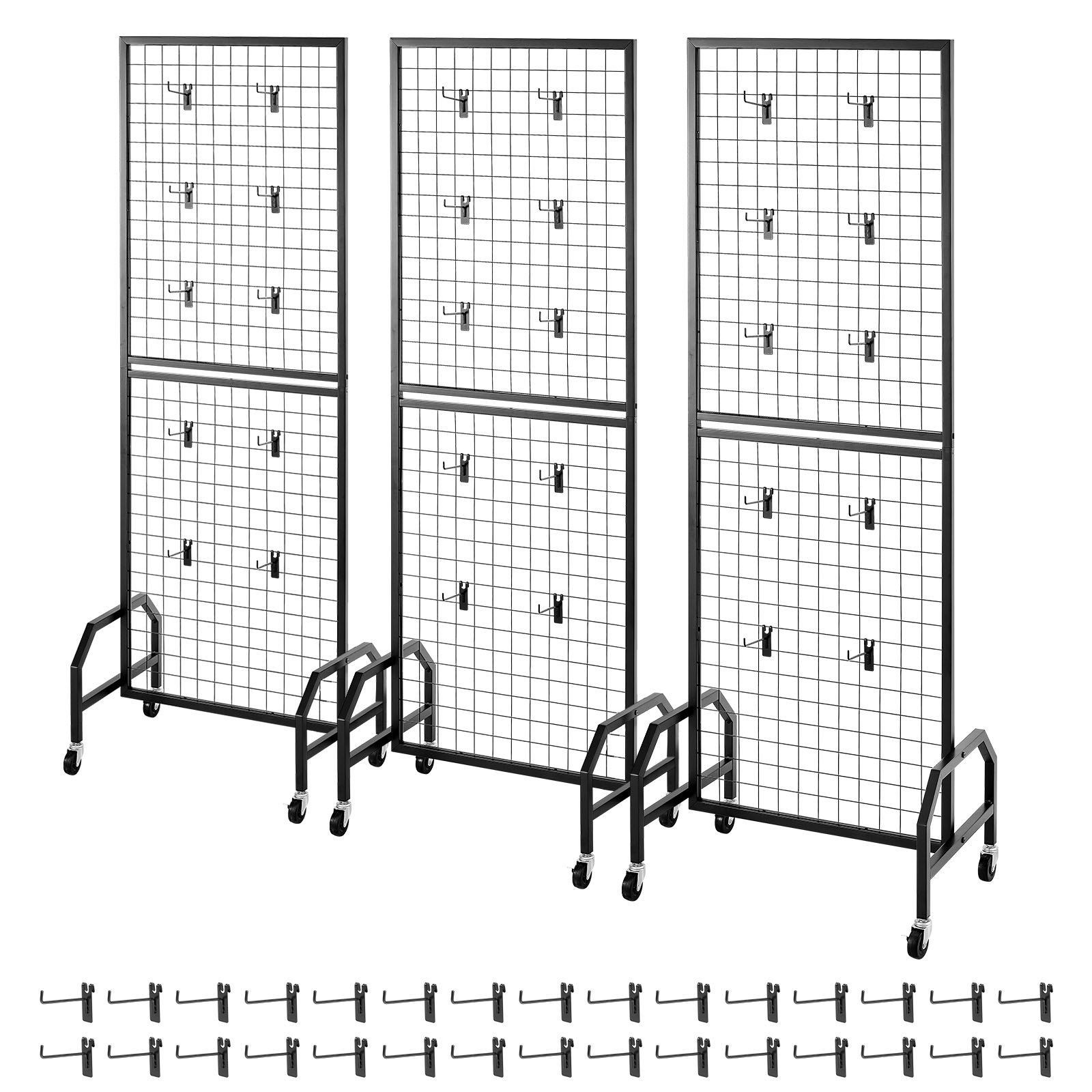 Movable Grid Wall Display Rack, 1.9x5.4ft, Steel, 30 Hooks, Locking Casters